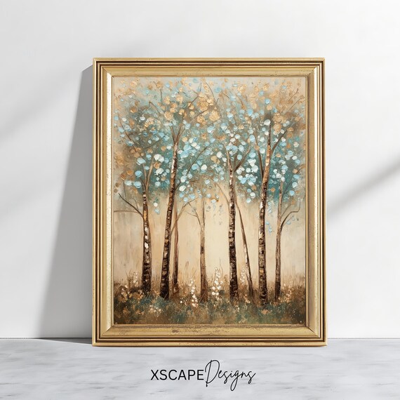 Neutral Art Print Vintage Birch Tree Wall Art In Blue And Gold Rustic Home Decor