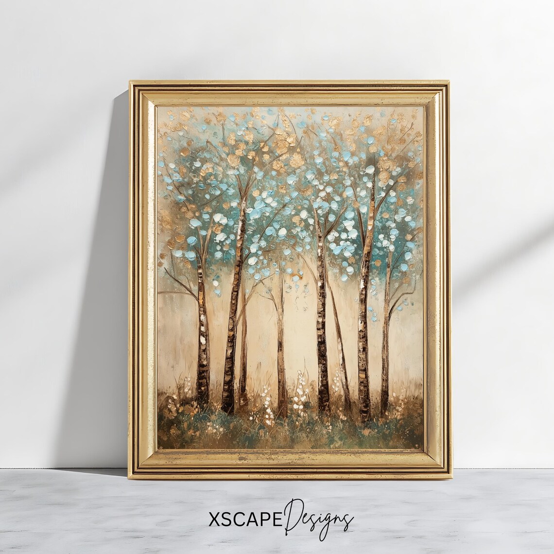 Neutral Art Print Vintage Birch Tree Wall Art In Blue And Gold Rustic Home Decor