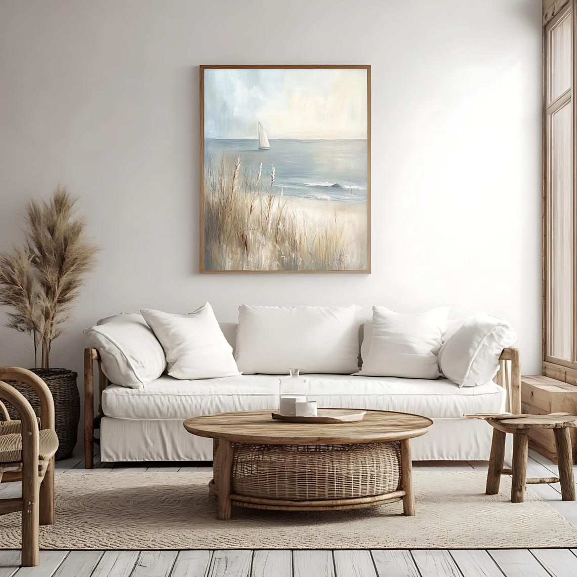 Sailboat on a Misty Sea with Beach Grass Serene Coastal Art Poster - Image 4