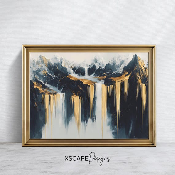 Abstract Waterfall Mountain Art Print Gold Accent Landscape Modern Nature Wall Decor Dramatic