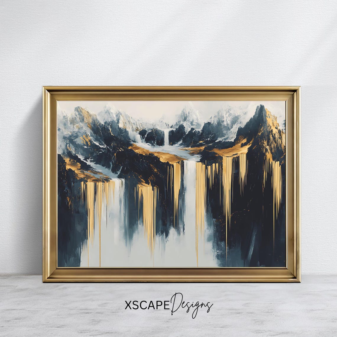 Black Gold Abstract Mountain Waterfall Dramatic Modern Art Print