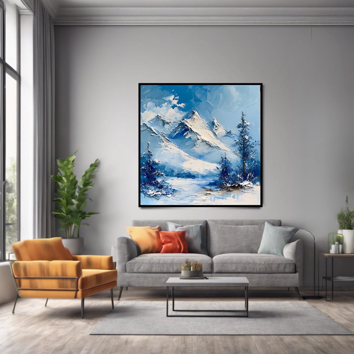 Snowy Winter Mountain Peaks and Pines Blue Impasto Landscape Poster - Image 2