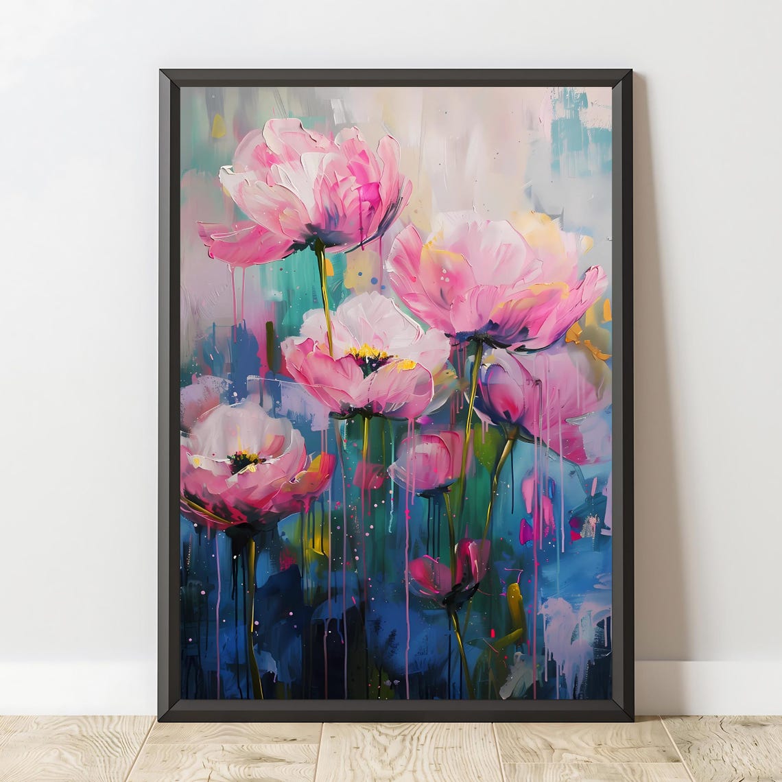 Pink Abstract Floral Dripping Paint Vibrant Modern Botanical Wall Art - Image 2