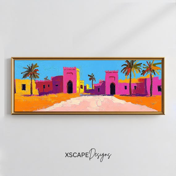 Moroccan Village Wall Art Long Horizontal Narrow Print Vibrant Panoramic Desert Architecture Artwork For Above Couch Or Bed