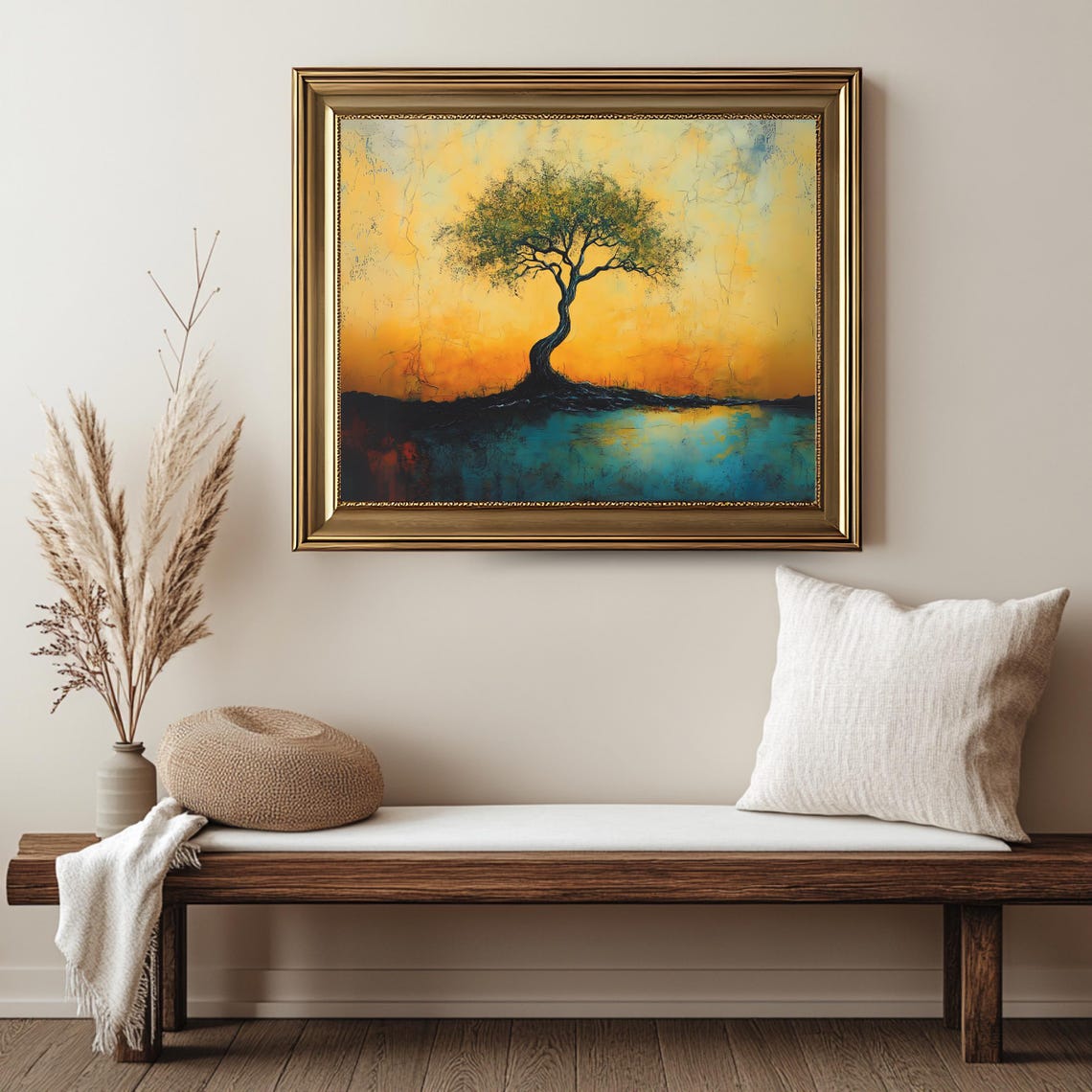 Lone Twisted Tree Sunset Golden Sky Teal Waters Dramatic Art Poster - Image 2