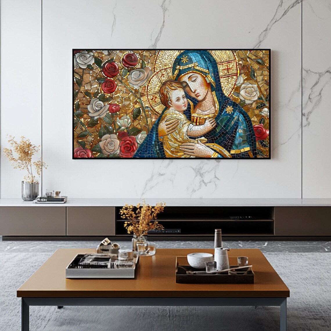 Virgin Mary With Child Jesus Mosaic Gold Roses Catholic Religious Art Print - Image 2