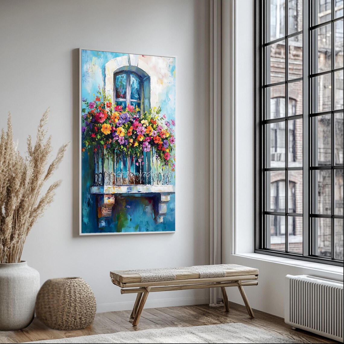 Floral Balcony Artwork, Mediterranean Window Scene - Image 3