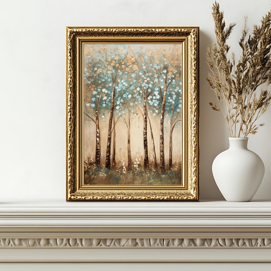 Neutral Art Print Vintage Birch Tree Wall Art In Blue And Gold Rustic Home Decor - Image 2