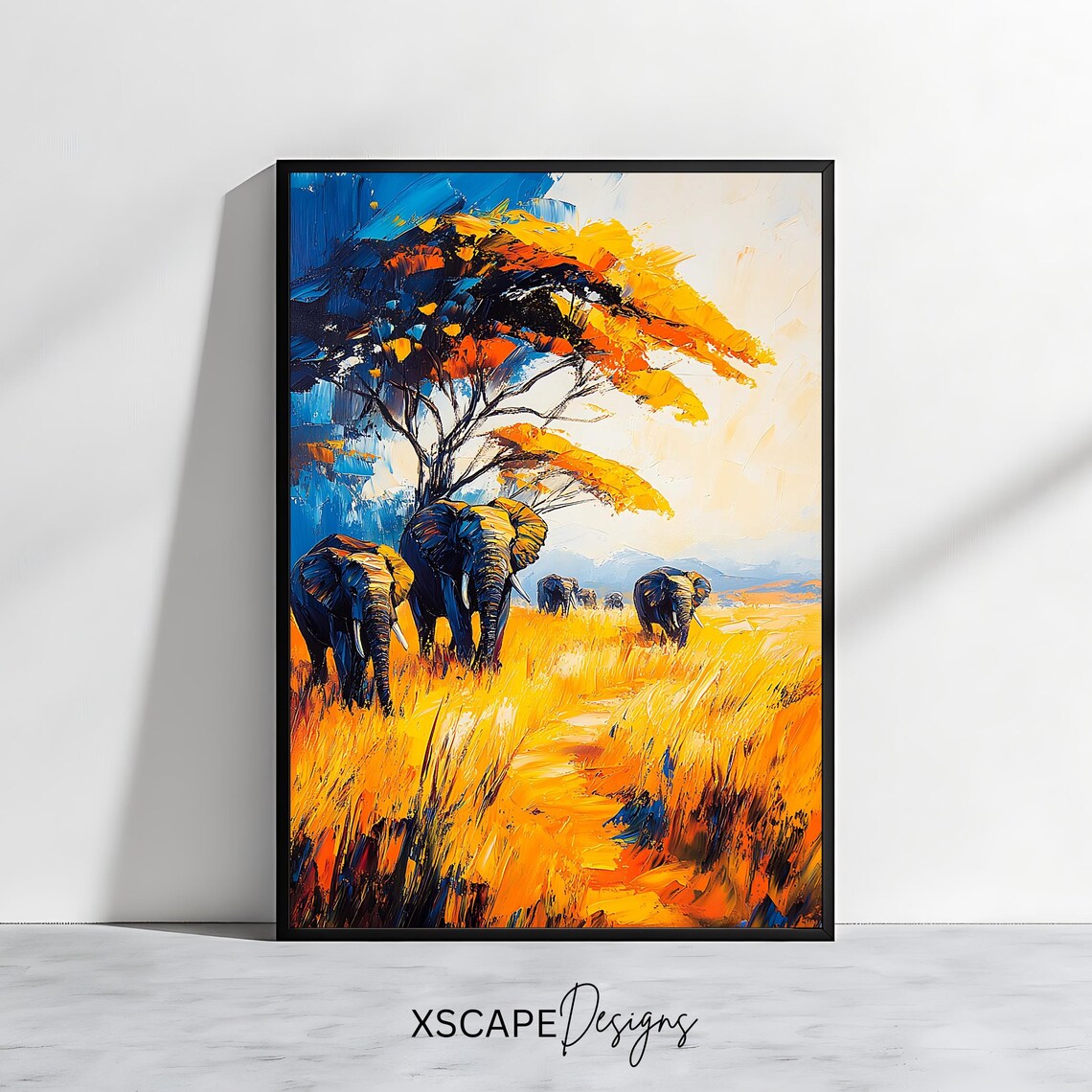 African Elephants Walking Golden Savanna Under Acacia Tree Art Poster