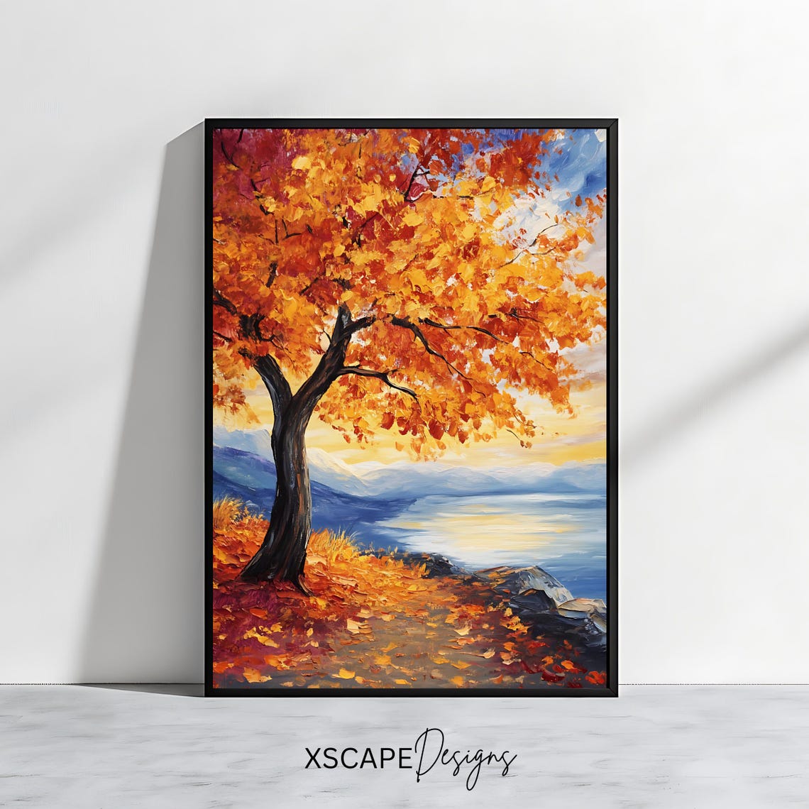 Autumn Tree with Orange Leaves on a Lakeshore at Sunset Art Poster