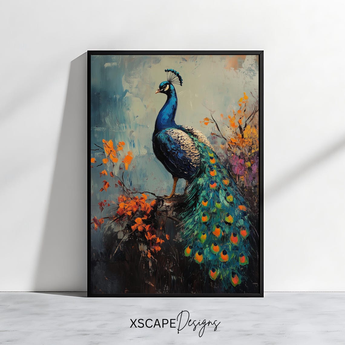 Peacock Standing Dark Moody Garden Colorful Long Tail Feather Poster