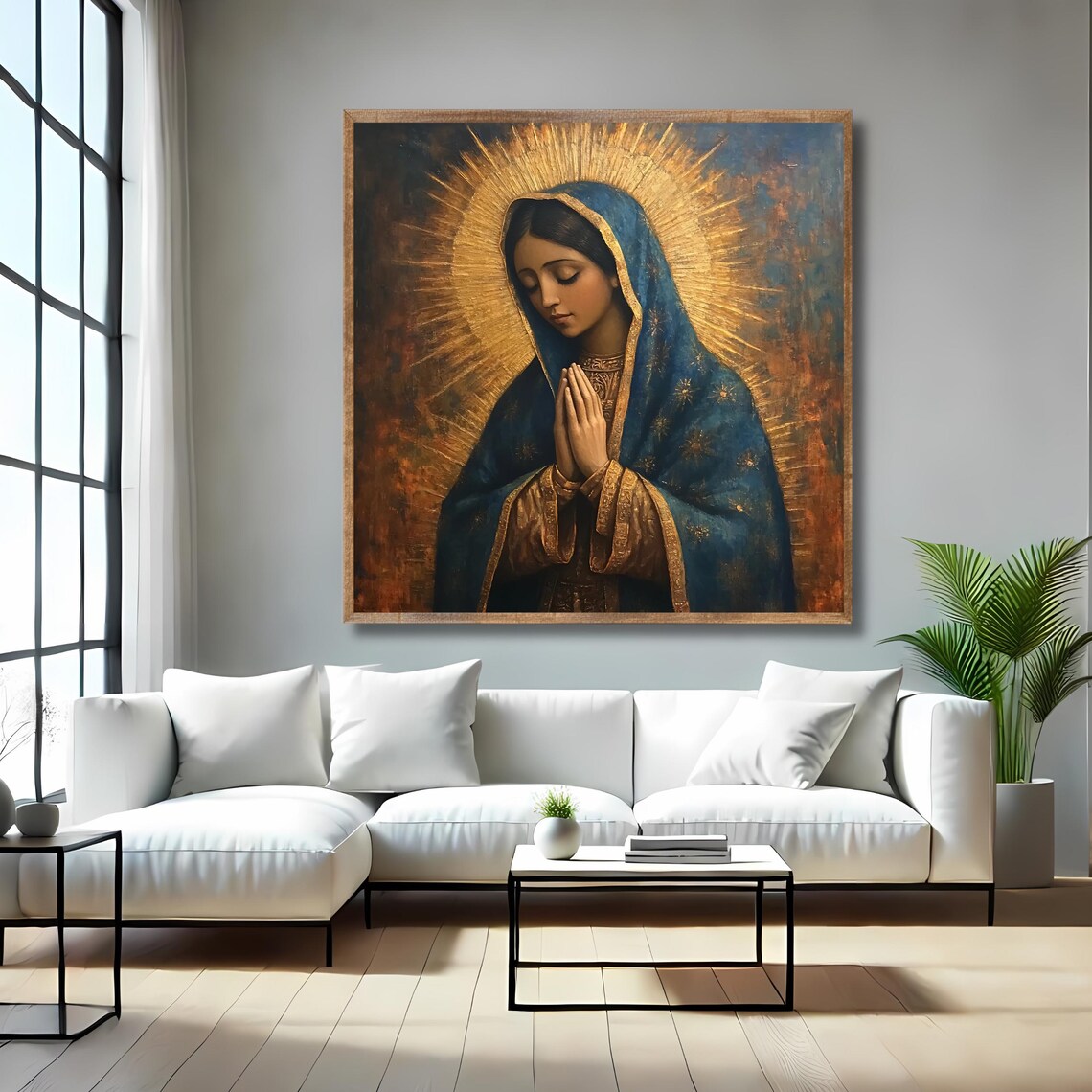 Vintage Our Lady of Guadalupe Praying Blue Mantle Gold Halo Art Print - Image 4