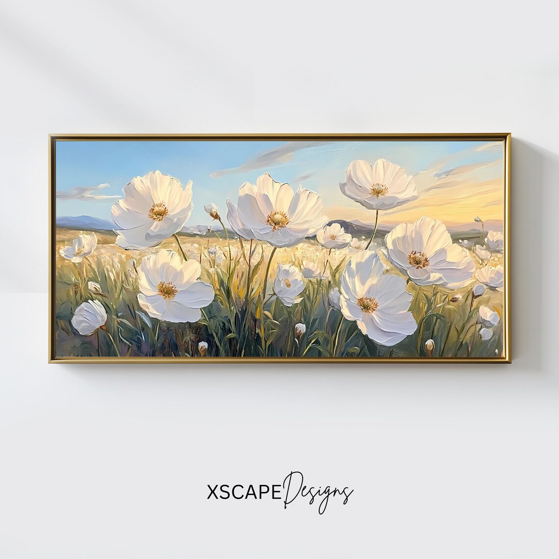 White Flower Field, Panoramic Landscape Art Print