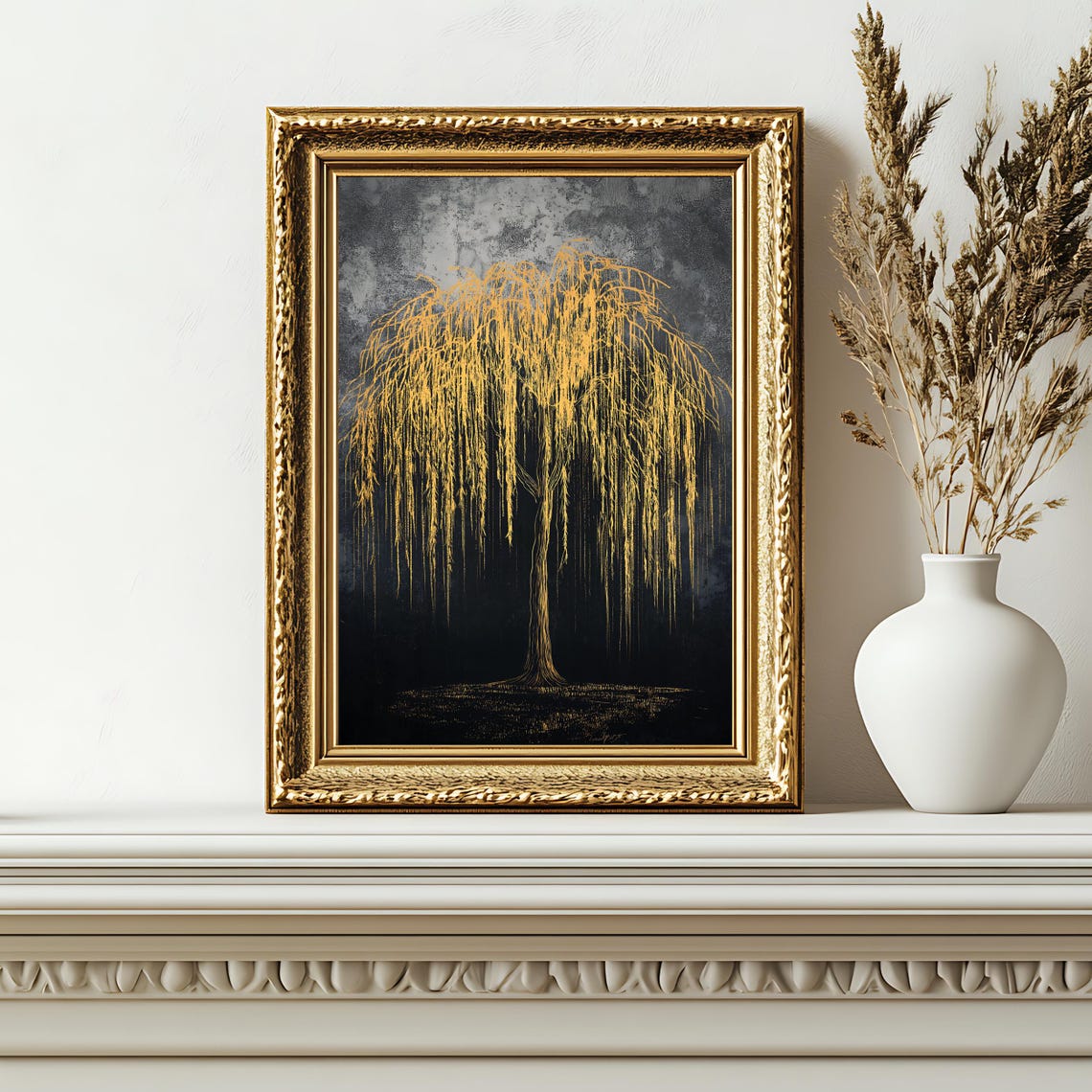 Golden Weeping Willow Tree Dark Background Elegant Botanical Wall Art - Image 2