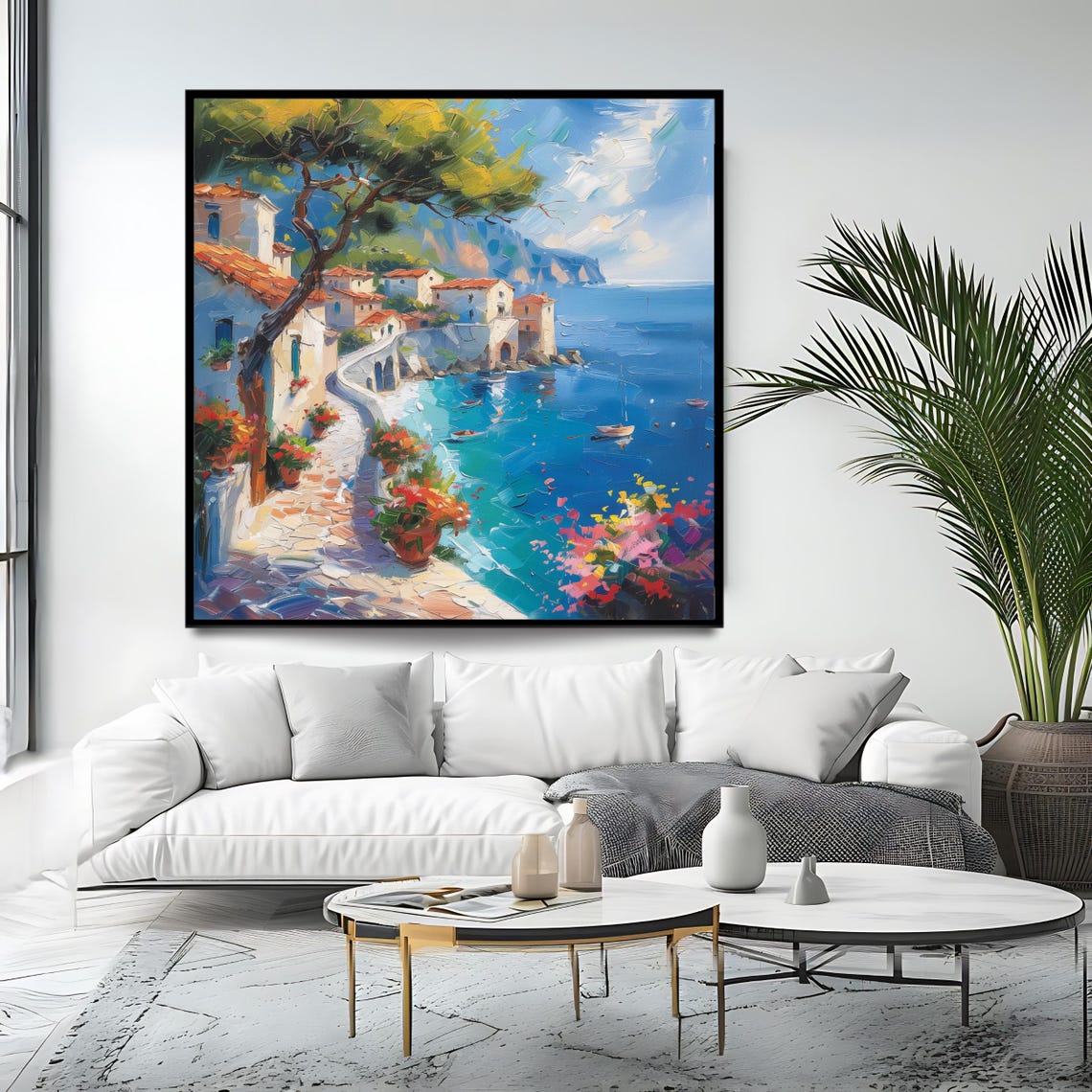 Mediterranean Coastal Village Pine Tree Turquoise Sea Painting Poster - Image 4