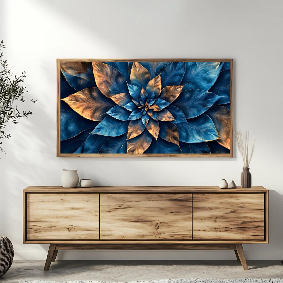 Blue And Gold Abstract Blooming Flower Mandala Modern Art Poster - Image 3