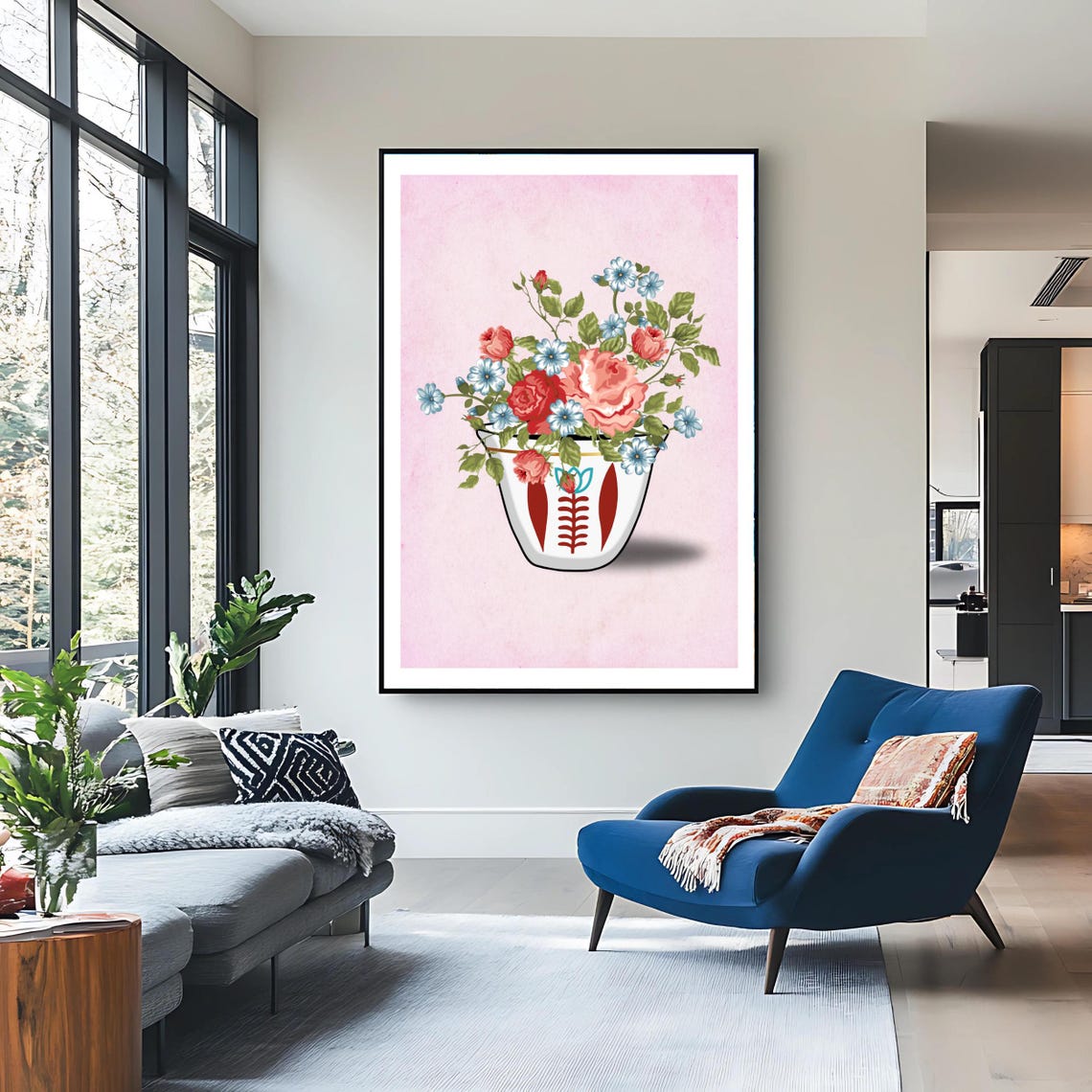 Floral Lebanese Coffee Cup Roses Blue Blossoms Pink Wall Art Poster - Image 3