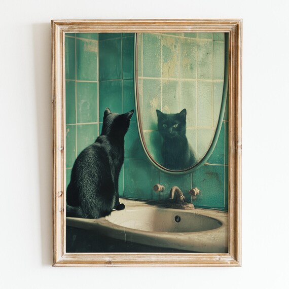 Funny Black Cat Wall Art Looking In Mirror Retro Mint Bathroom Poster Vintage Printhumorous Decorprintable
