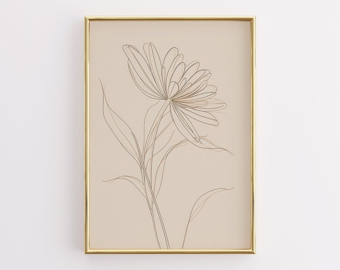 Daisy Line Drawing Minimalist Beige Botanical Flower Sketch Poster