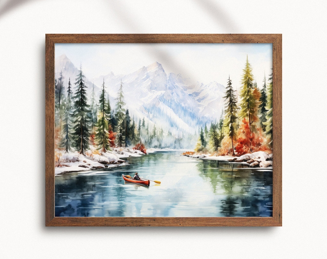 Red Canoe Winter Lake Mountain Snow Watercolor Landscape Poster