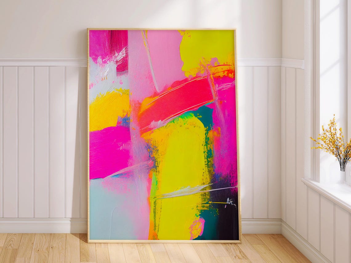 Neon Pink Chartreuse Purple Electric Brushstroke Abstract Poster - Image 2