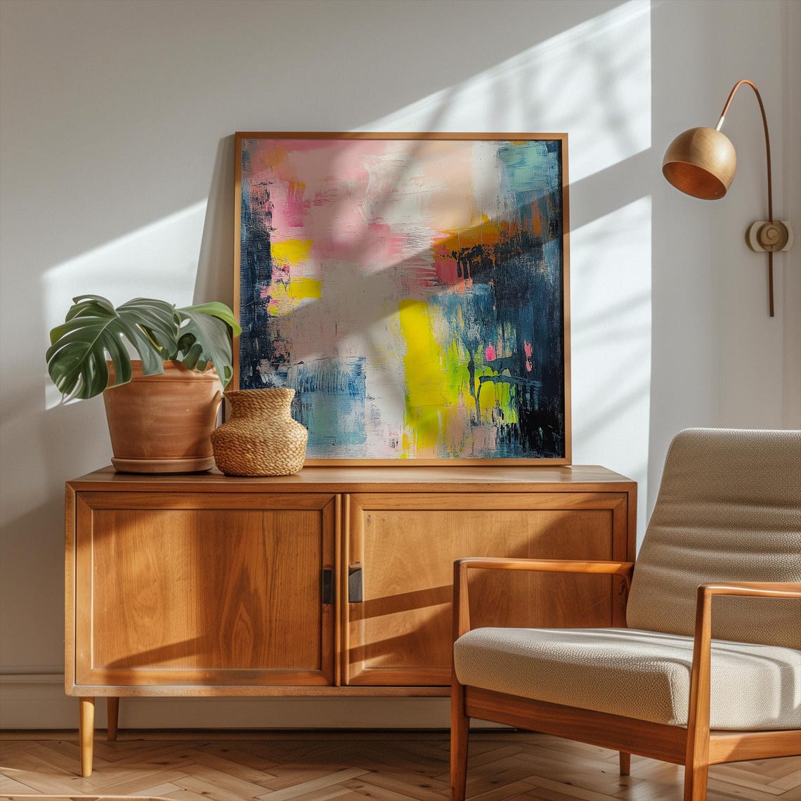 Pink Navy and Yellow Gestural Modern Square Abstract Art Poster - Image 2