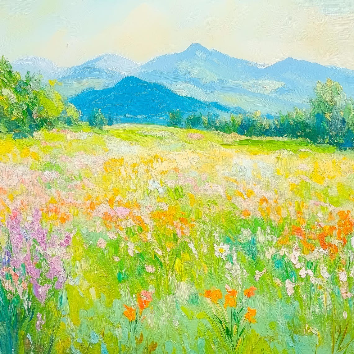 Wildflower Meadow with Blue Mountains Sunny Landscape Art Poster - Image 3
