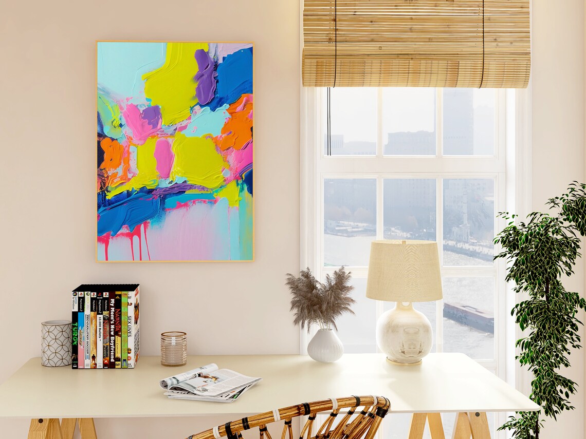Lime Yellow Blue and Purple Bold Abstract Oil Painting Poster - Image 3