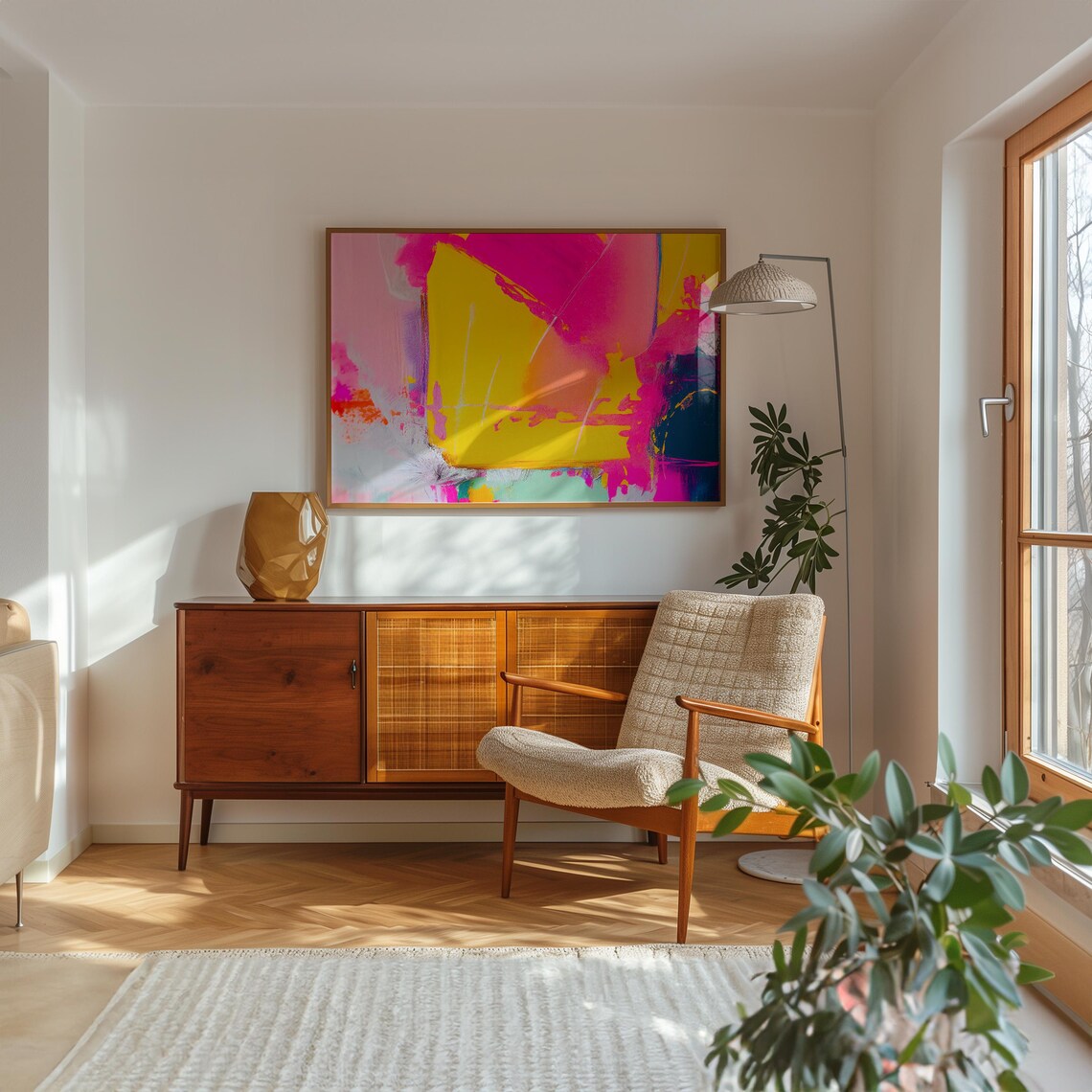 Golden Yellow Magenta Navy Arch Brushstroke Abstract Painting Poster - Image 2