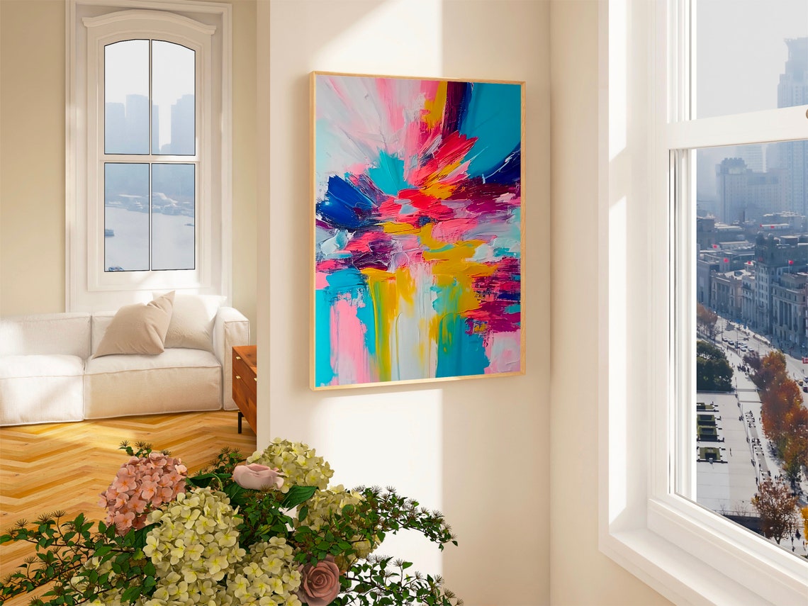 Hot Pink and Teal Impasto Brushstroke Abstract Modern Poster - Image 2