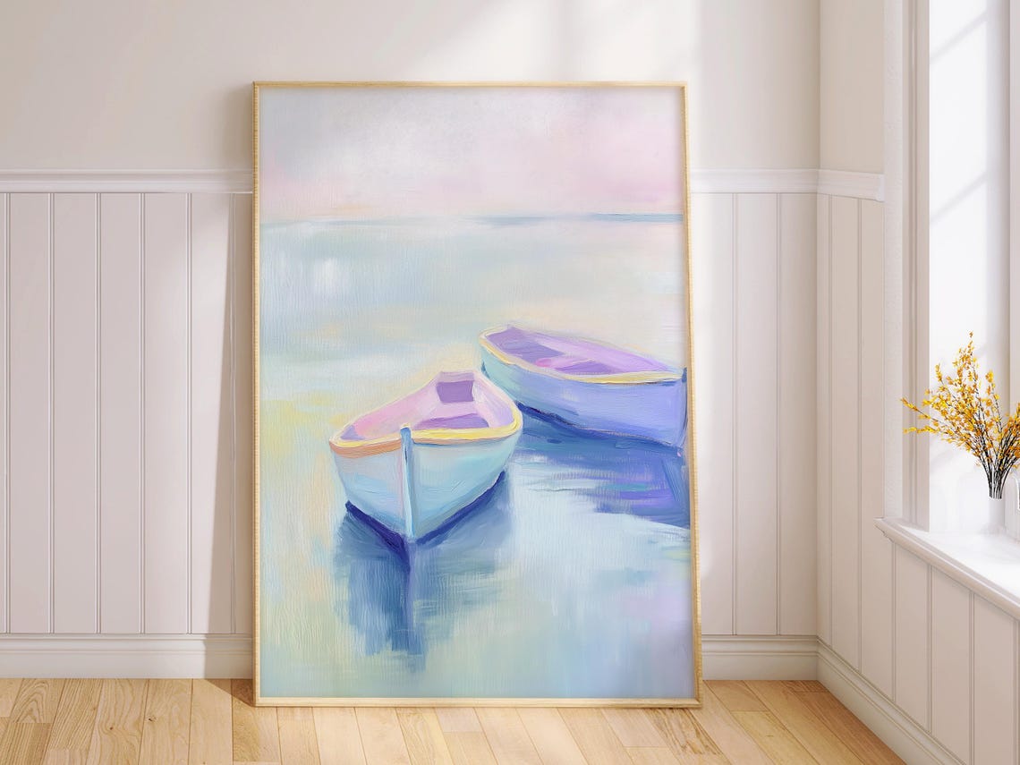 Two Pastel Rowboats at Sunrise Calm Water Impressionist Wall Art - Image 2