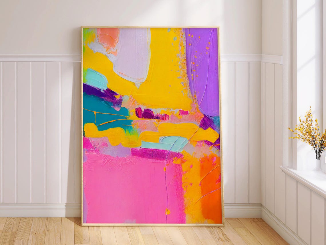 Vibrant Abstract Yellow Pink Teal Orange Expressive Painting Wall Art - Image 2