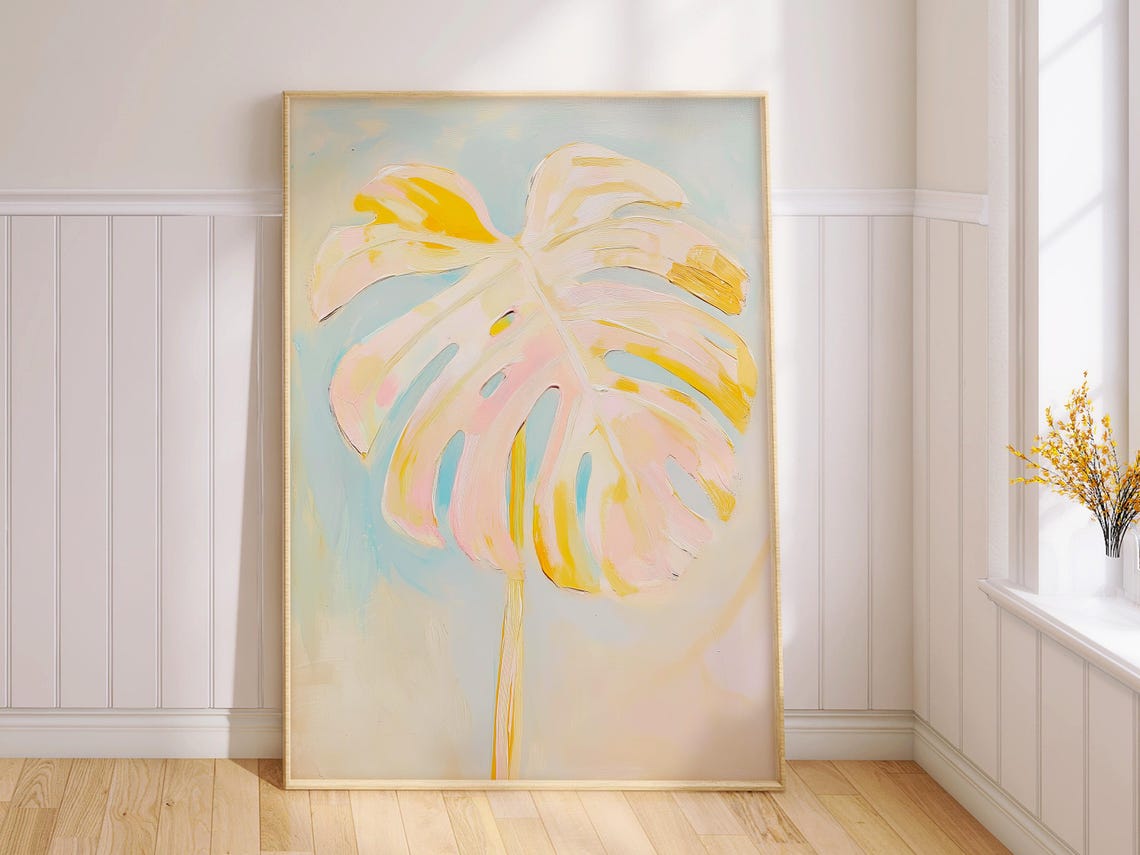 Soft Blush Pink Monstera Leaf Botanical Tropical Painting Poster - Image 2
