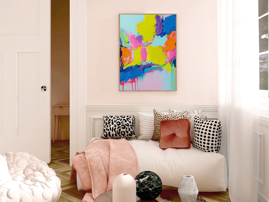 Lime Yellow Blue and Purple Bold Abstract Oil Painting Poster - Image 2