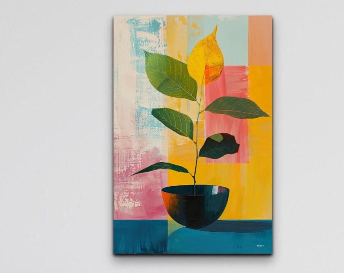 Potted Green Plant Colorful Block Background Modern Still Life Poster