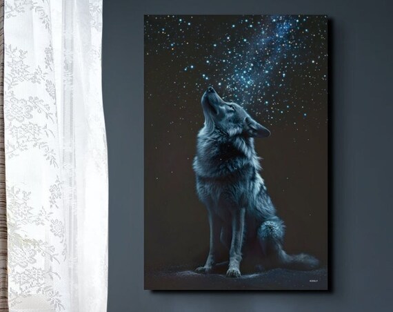 Majestic Gray Howling Wolf Gazing at Starry Night Sky Poster