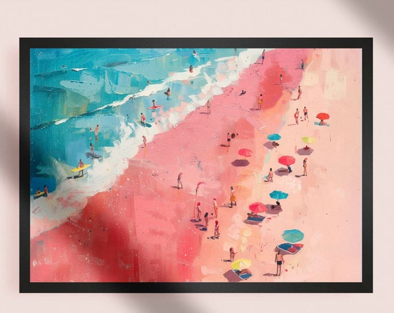 Vintage Pink Beach Print Abstract Coastal Painting Preppy Room Decor Wall Art Oil