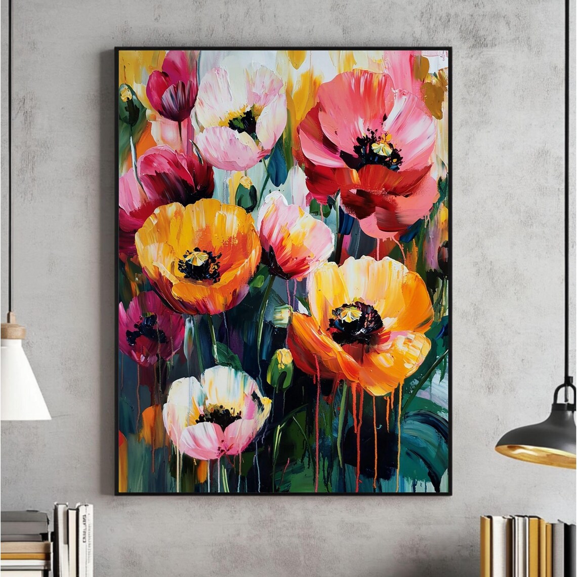 Bold Orange Red Poppy Flowers Abstract Oil Painting Poster Art