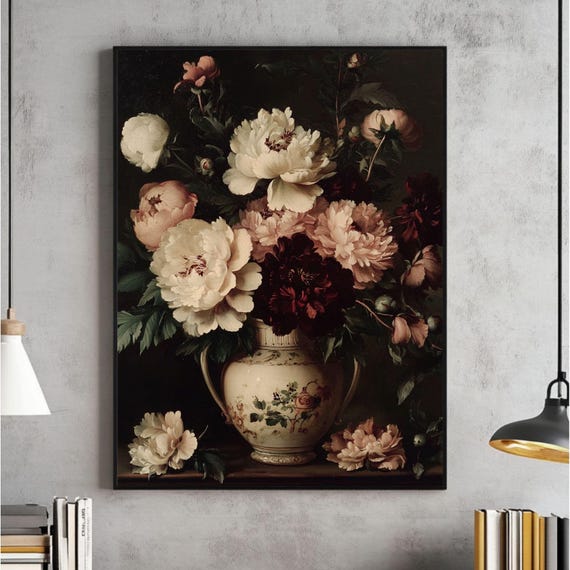 Moody Flower Wall Art Vintage Dark Floral Painting Farmhouse Decor Antique Oil Poster Victorian Print