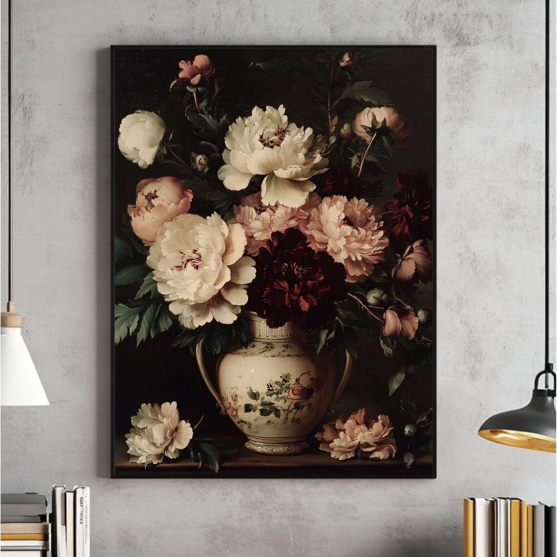 Moody Dark Floral Peony Bouquet Vintage Oil Painting Wall Print