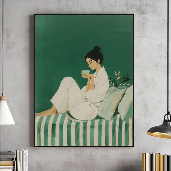 Emerald Green Abstract People Large Wall Art Contemporary Poster Minimalist Print Coffee Lover Stripe Woman