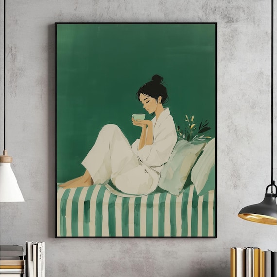 Woman Drinking Coffee In Bed Minimalist Fashion Illustration Green Art Poster