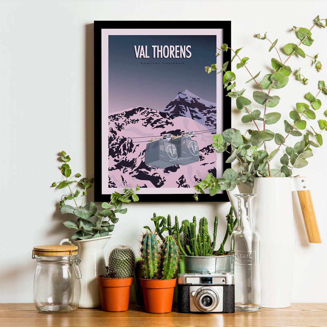 Val Thorens Funitel Gondola Over Pink Snow Vintage Travel Poster - Image 2
