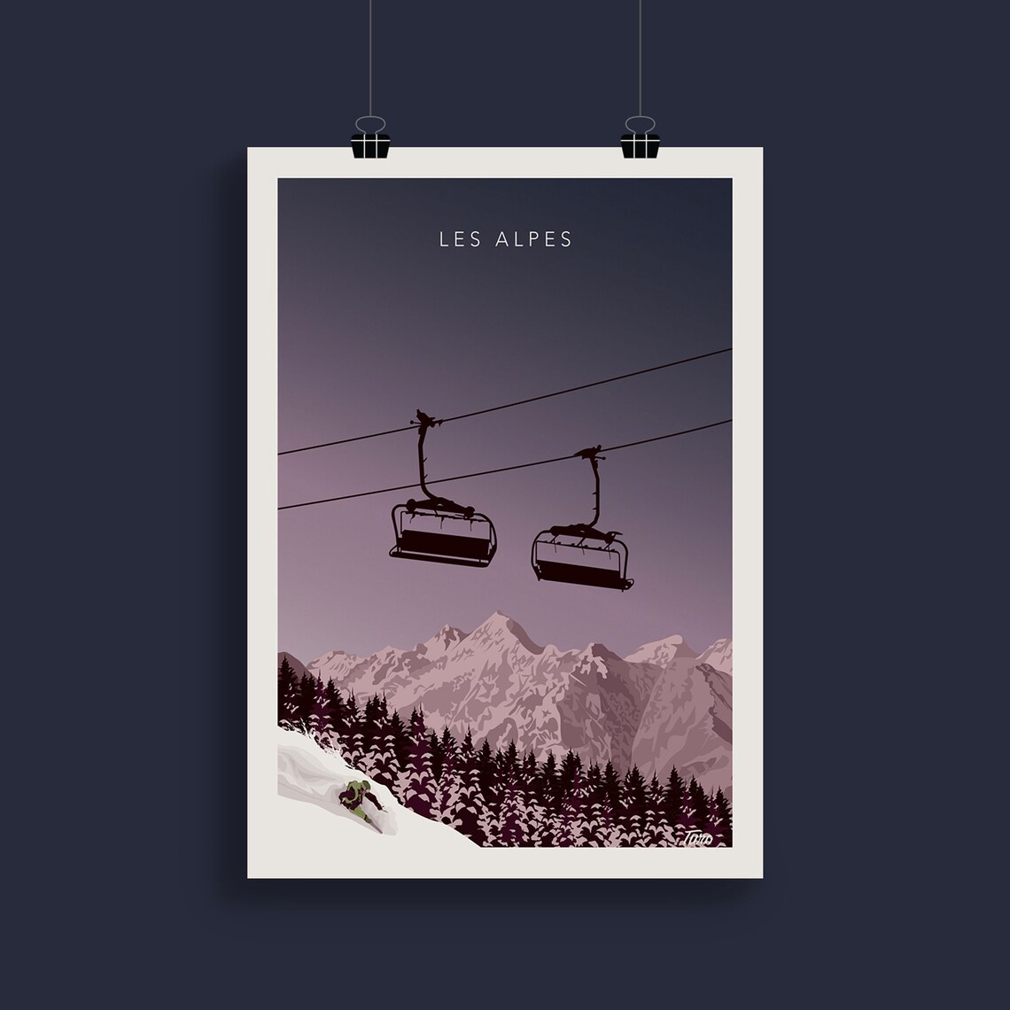 Les Alpes Chairlift Dusk Skier Powder Purple Ski Travel Poster - Image 2