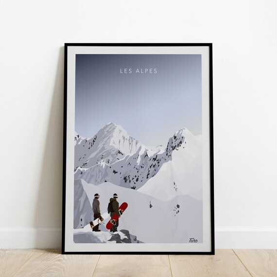 Les Alpes Snowboarders Ridge Snow Peaks Winter Travel Poster