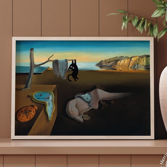 Salvador Dali Melting Clocks Black Cat Surrealist Funny Art Poster