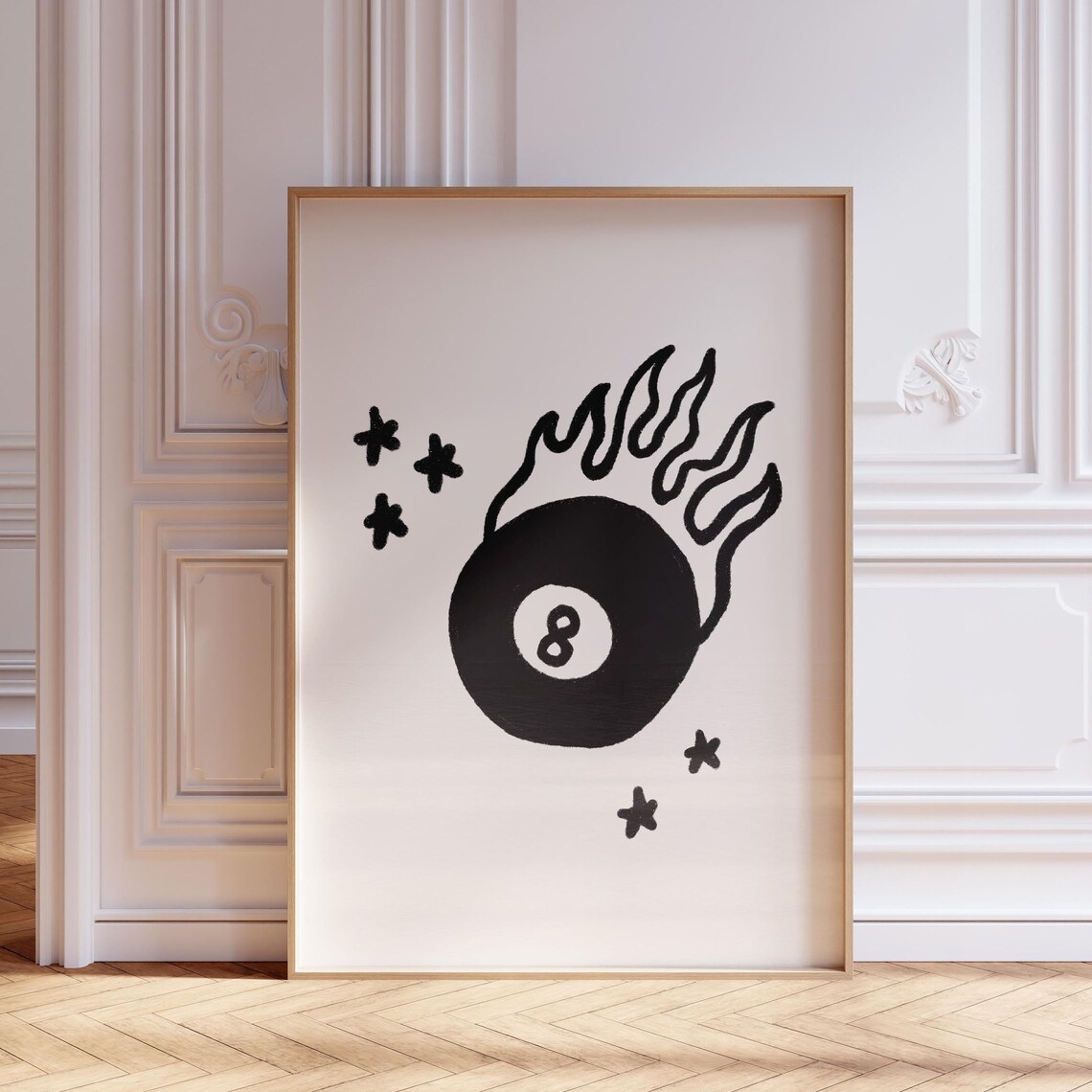 Black And White Flaming Eight Ball Trendy Retro Tattoo Style Wall Art - Image 3