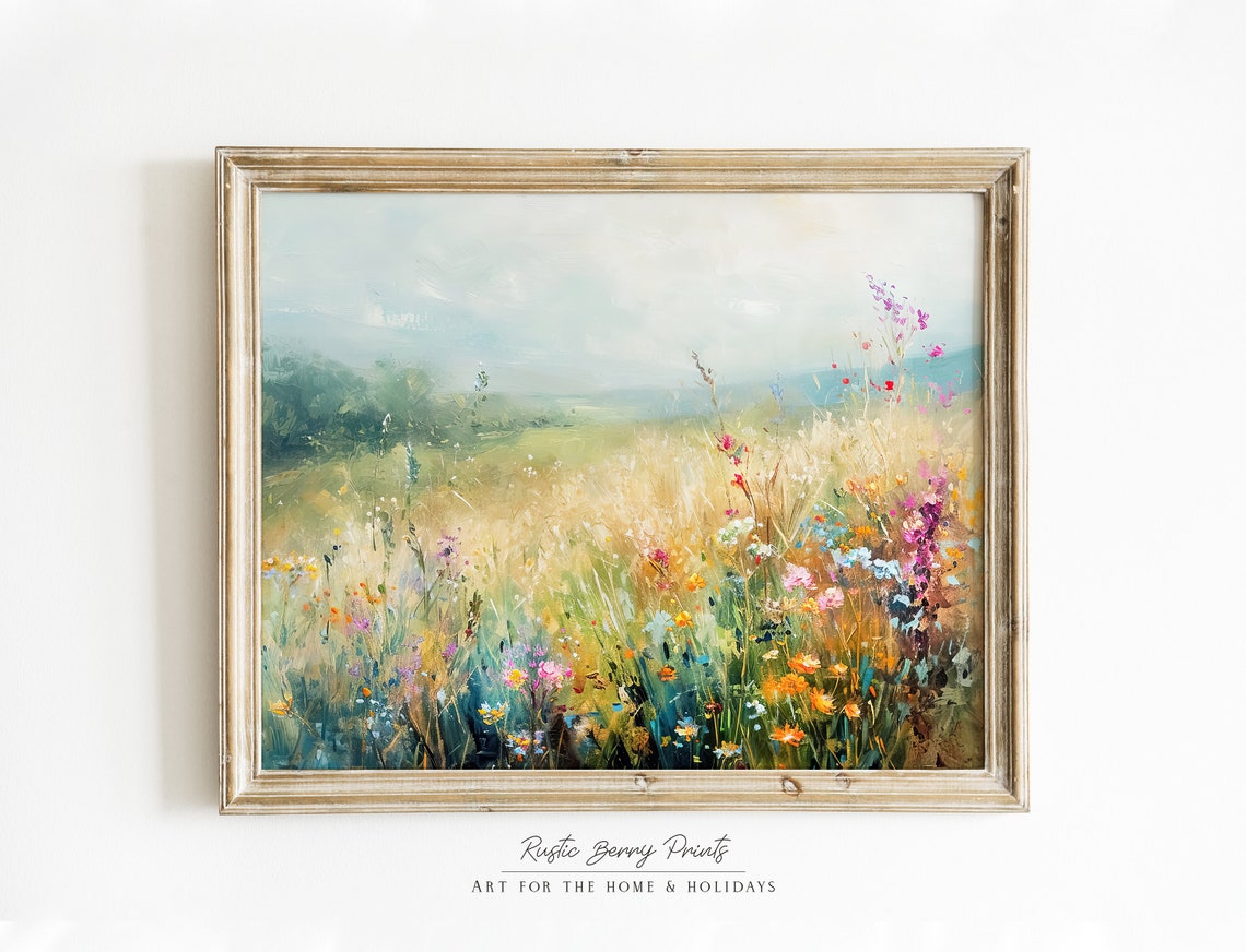 Vintage Wildflowers Landscape Oil Painting Wall Art Vintage Print Country Farmhouse Decor Nursery Art Instant