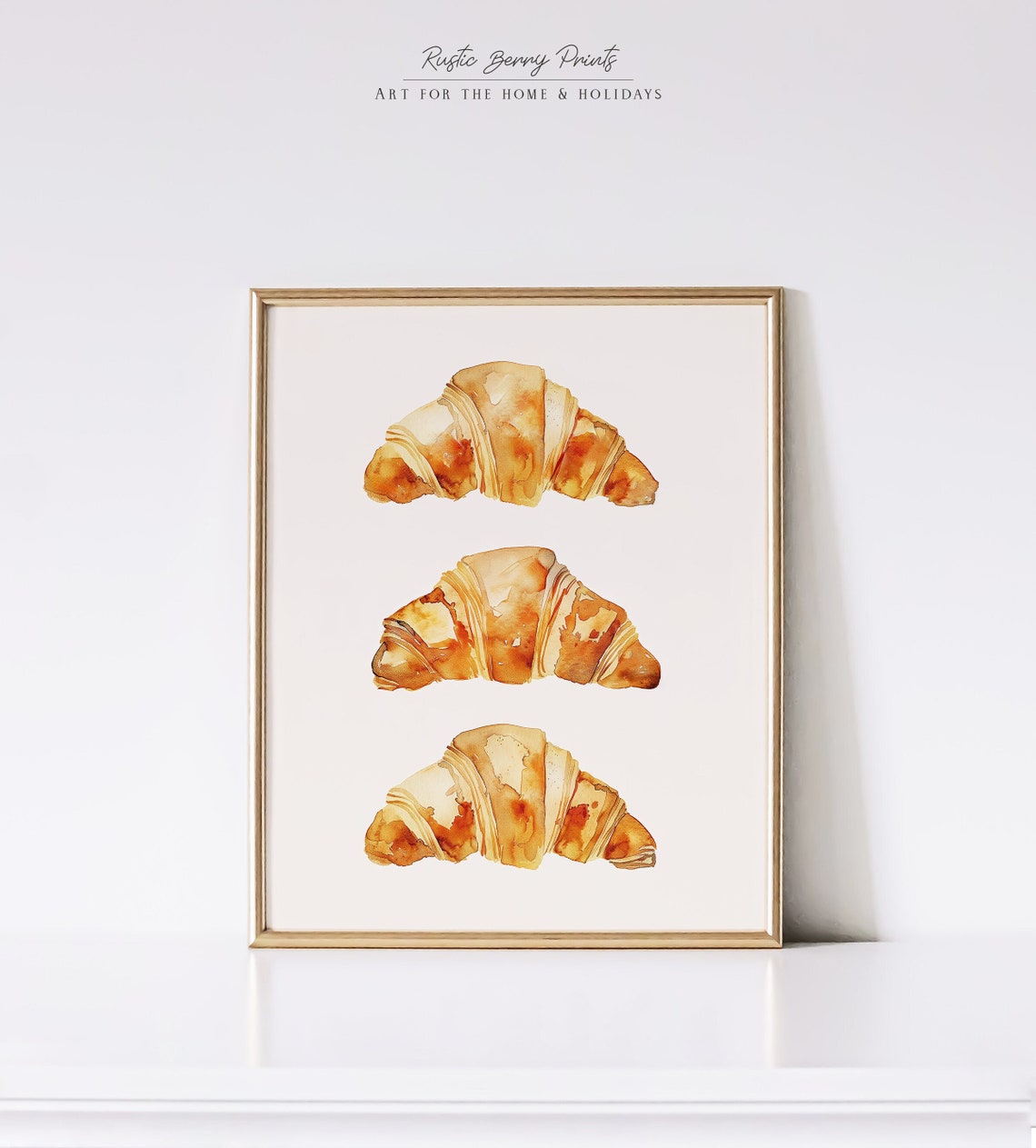 Golden Watercolor Croissant Trio French Bakery Kitchen Art Poster