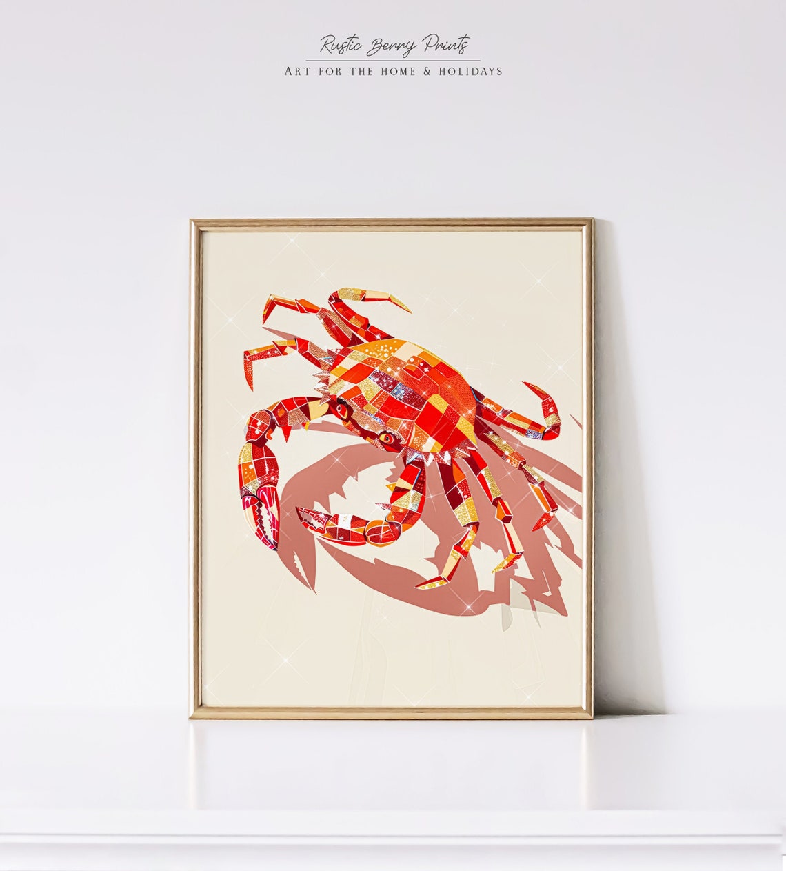 Red Mosaic Disco Crab Glittering Coastal Maximalist Beach Wall Art